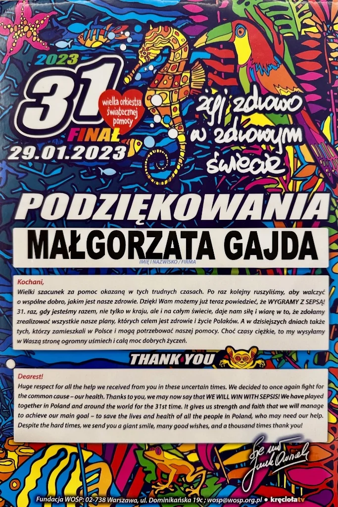 Podziękowania WOŚP 2023